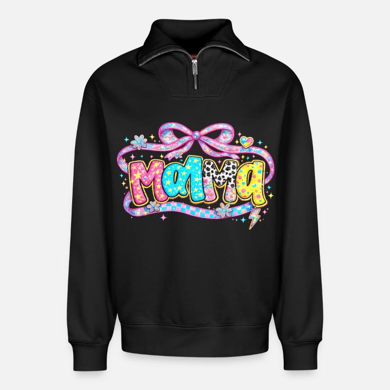 Mama-Geschenk: Retro Mama-Optik und Glitzer - Relaxed Unisex Organic Half Zip Sweatshirt – von SPREAD - Schwarz
