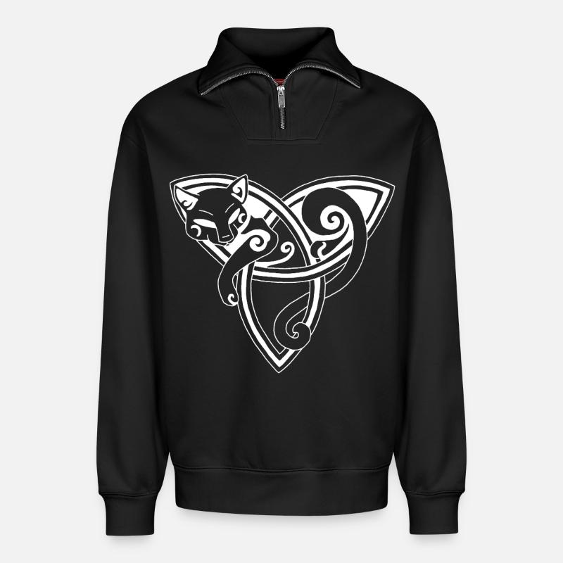 Chat blanc et symbole celte - Sweat unisexe décontracté en coton biologique à demi-zip – de SPREAD - noir