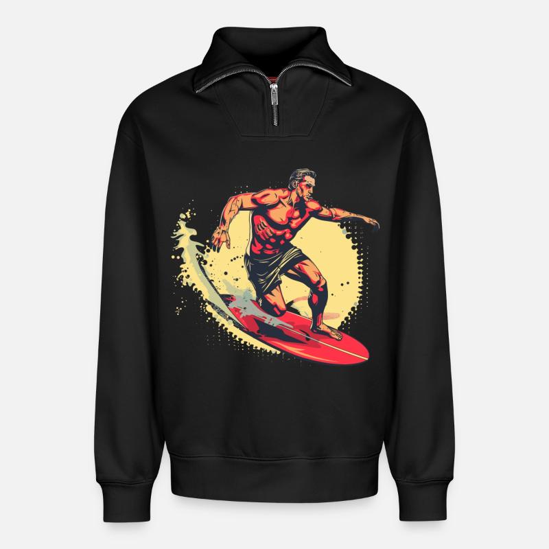 Graphisme Surfer - Sweat unisexe décontracté en coton biologique à demi-zip – de SPREAD - noir