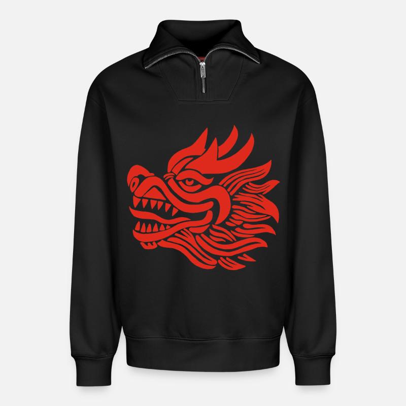 Chinesischer Drachenkopf (Rot) - Relaxed Unisex Organic Half Zip Sweatshirt – von SPREAD - Schwarz