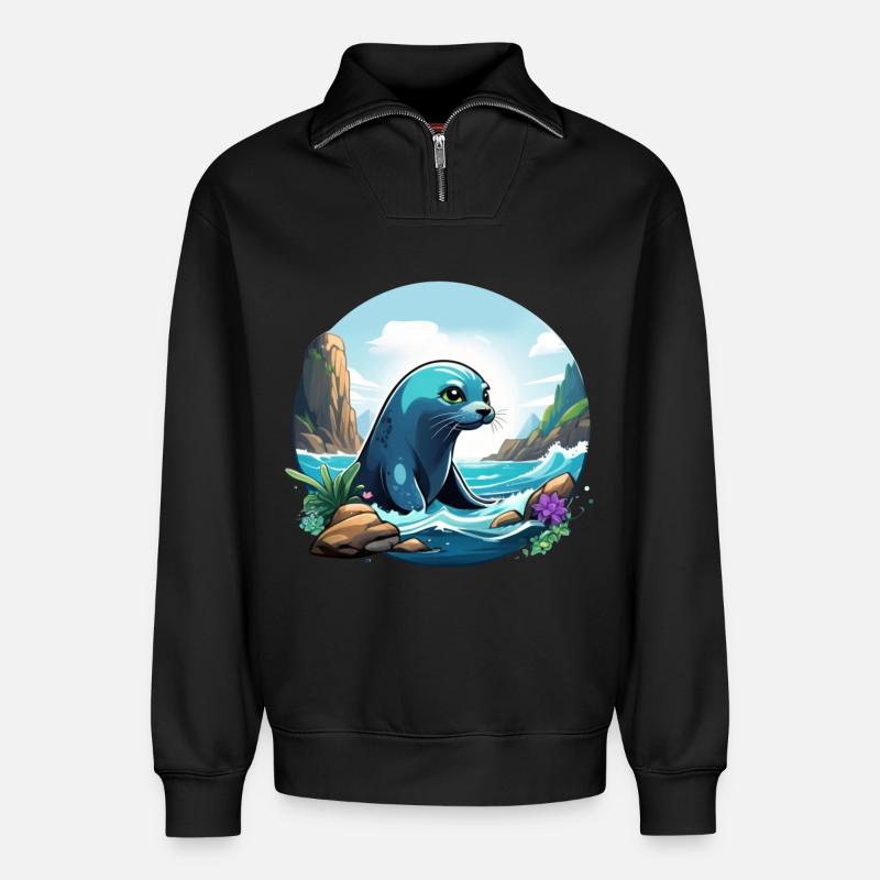Robbe an der Küste - Relaxed Unisex Organic Half Zip Sweatshirt – von SPREAD - Schwarz
