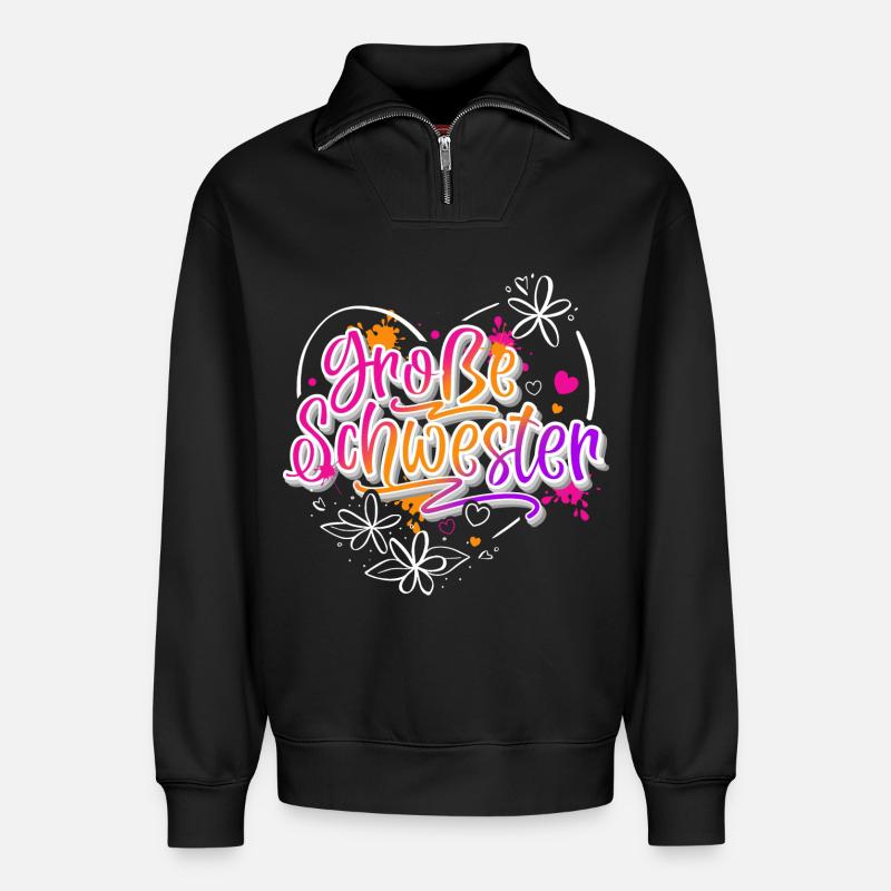 Große Schwester - Relaxed Unisex Organic Half Zip Sweatshirt – von SPREAD - Schwarz