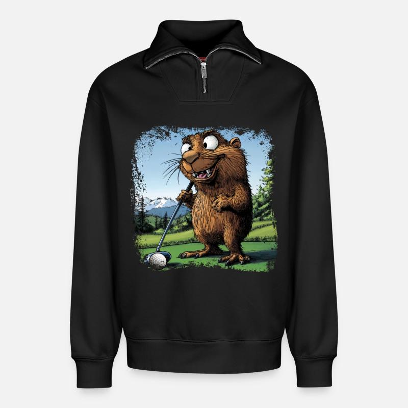 Golfspieler Murmeltier - Relaxed Unisex Organic Half Zip Sweatshirt – von SPREAD - Schwarz