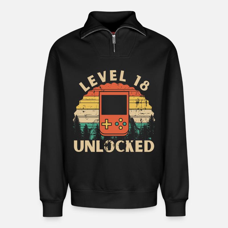 Level 18 Unlocked - Sweat unisexe décontracté en coton biologique à demi-zip – de SPREAD - noir
