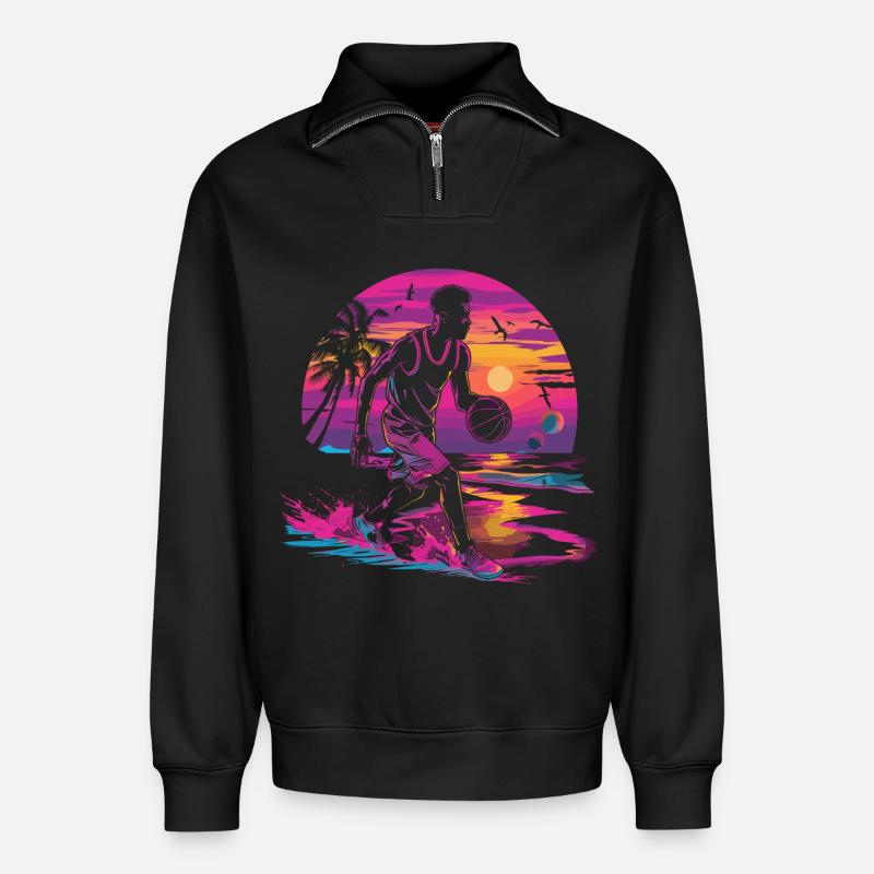 Basketball Synthwave - Relaxed Unisex Organic Half Zip Sweatshirt – von SPREAD - Schwarz