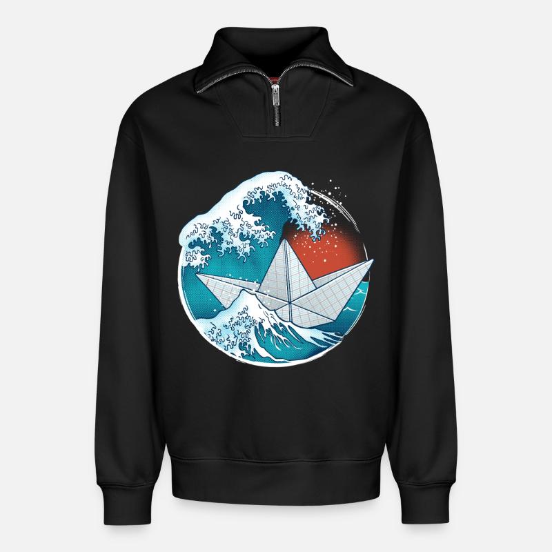 Papierboot im Origami-Stil - Relaxed Unisex Organic Half Zip Sweatshirt – von SPREAD - Schwarz