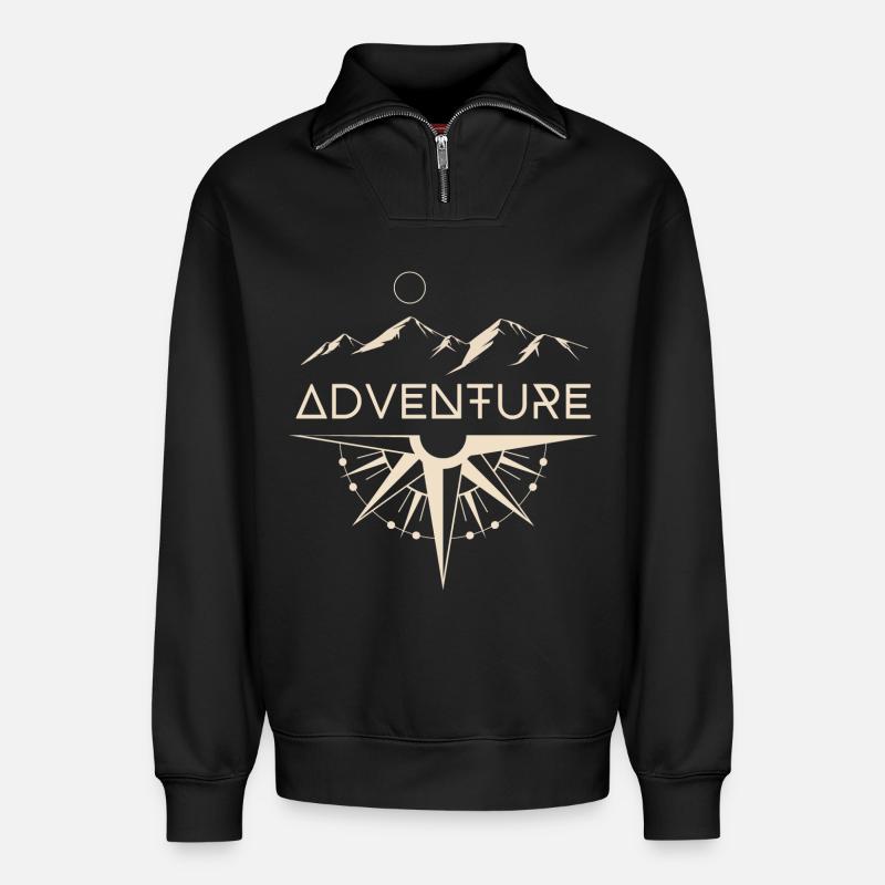 Abenteuer Berge Kompass - Relaxed Unisex Organic Half Zip Sweatshirt – von SPREAD - Schwarz