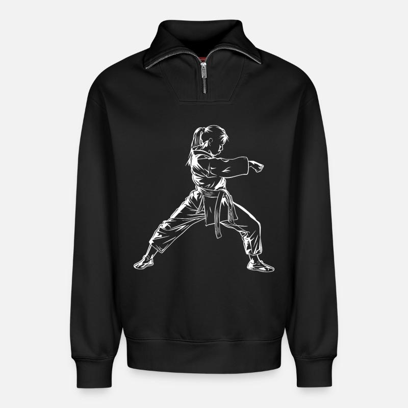 Karate Mädchen Skizze - Relaxed Unisex Organic Half Zip Sweatshirt – von SPREAD - Schwarz