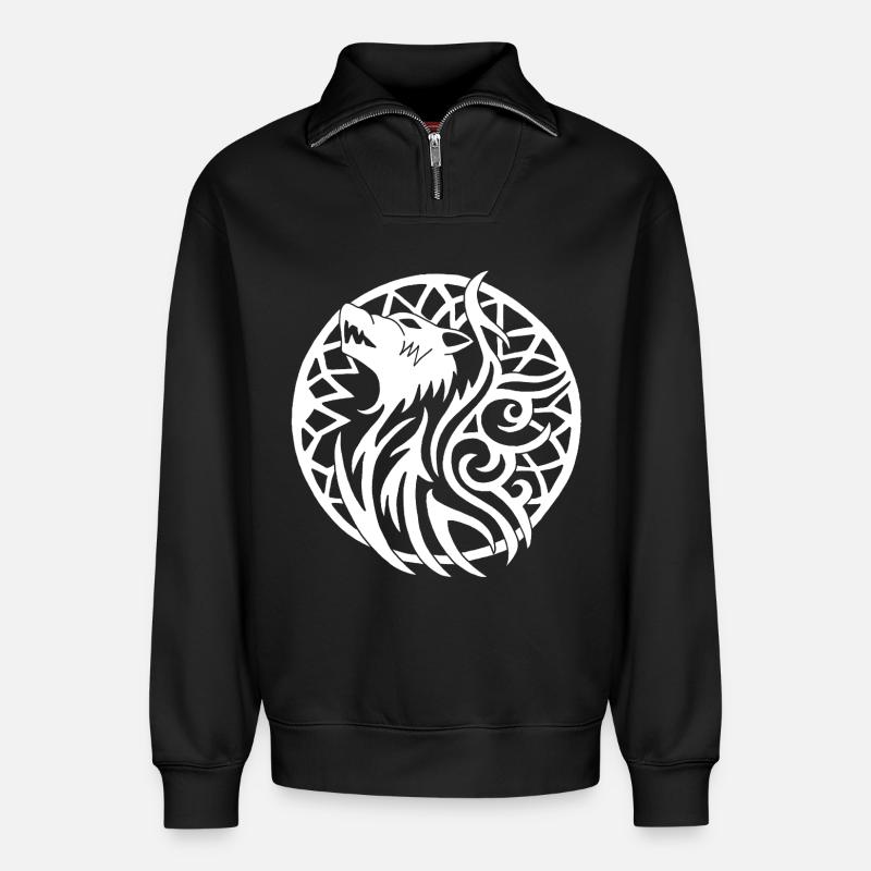 Weißer Wikingerwolf und Glücksbringer - Relaxed Unisex Organic Half Zip Sweatshirt – von SPREAD - Schwarz