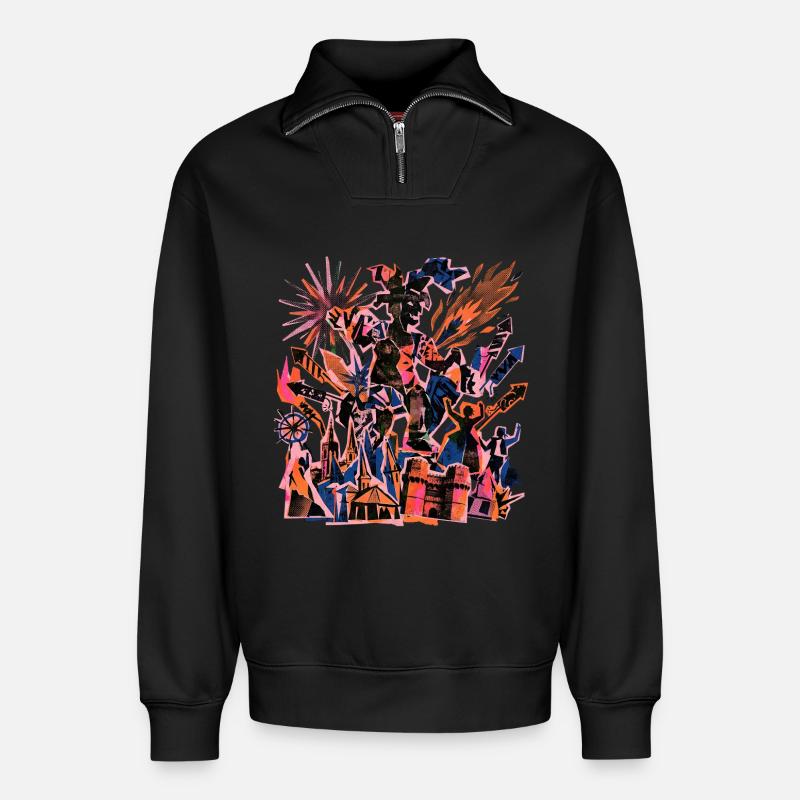Fallas De Valencia Risographie - Sweat unisexe décontracté en coton biologique à demi-zip – de SPREAD - noir