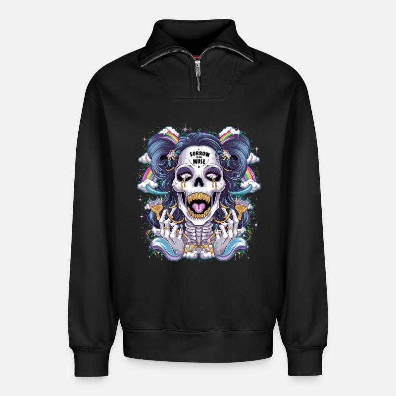 Glitzernder Skelettschädel mit Regenbogen - Relaxed Unisex Organic Half Zip Sweatshirt – von SPREAD - Schwarz