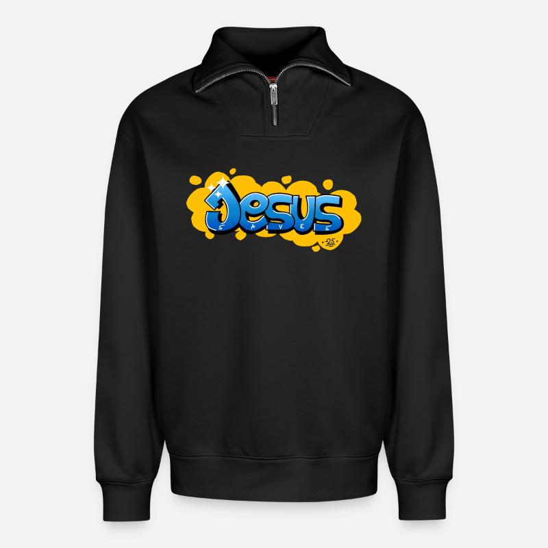 Jesus saves - Relaxed Unisex Organic Half Zip Sweatshirt – by SPREAD - black