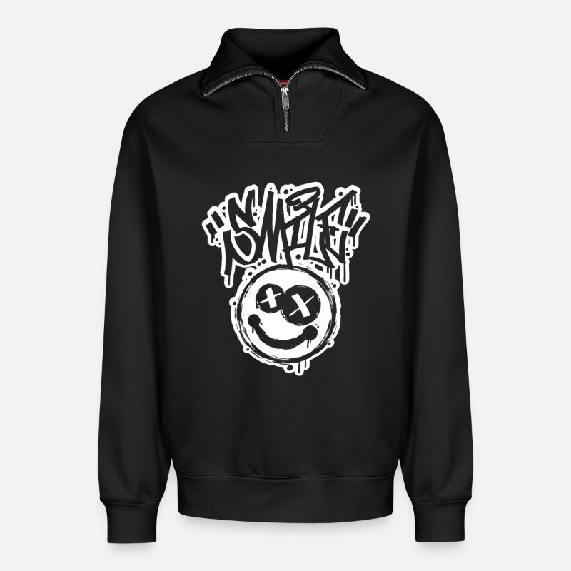 Lettres Smile Face Graphitti - Sweat unisexe décontracté en coton biologique à demi-zip – de SPREAD - noir