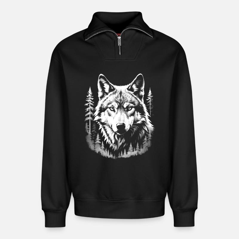 Wolf, Wald - Relaxed Unisex Organic Half Zip Sweatshirt – von SPREAD - Schwarz
