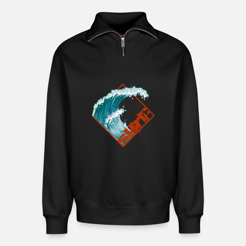 Surf wave surfer surfers - Relaxed Unisex Organic Half Zip Sweatshirt – by SPREAD - black