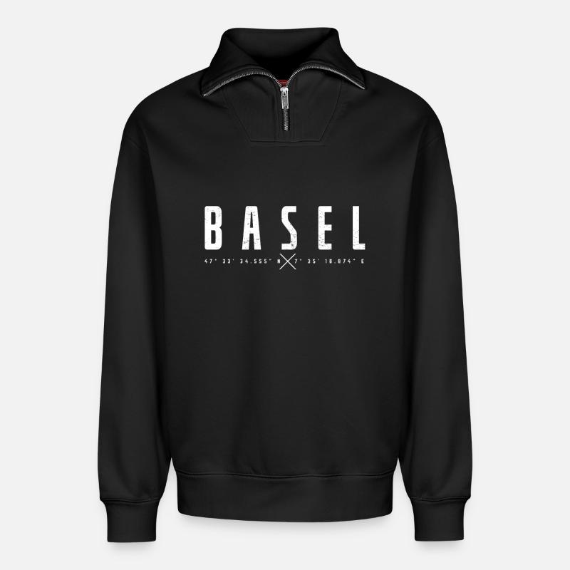 Basel Schweiz - Relaxed Unisex Organic Half Zip Sweatshirt – von SPREAD - Schwarz