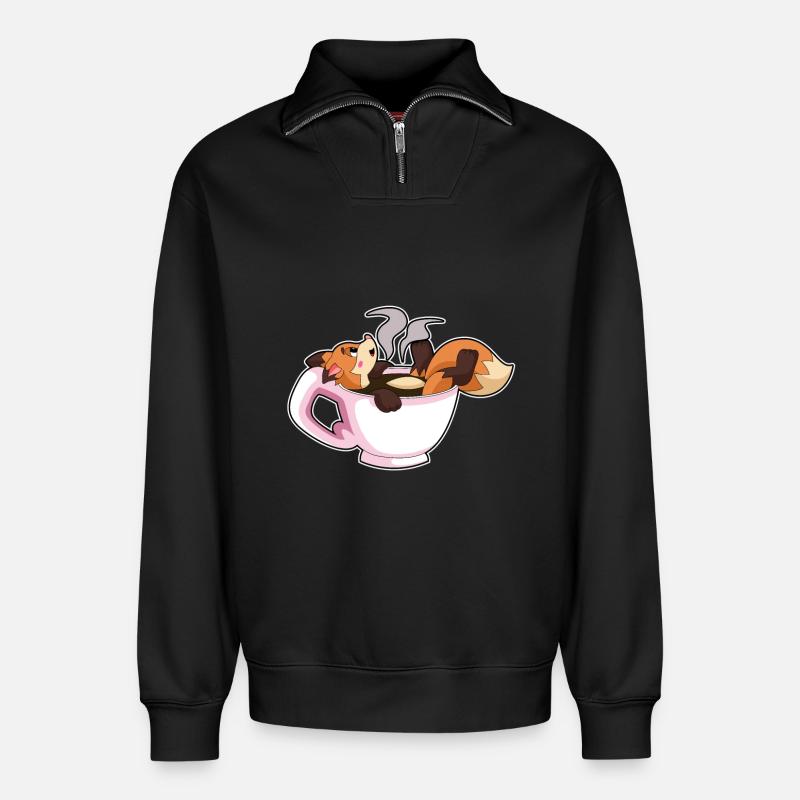 Fuchs mit Tasse Kaffee - Relaxed Unisex Organic Half Zip Sweatshirt – von SPREAD - Schwarz