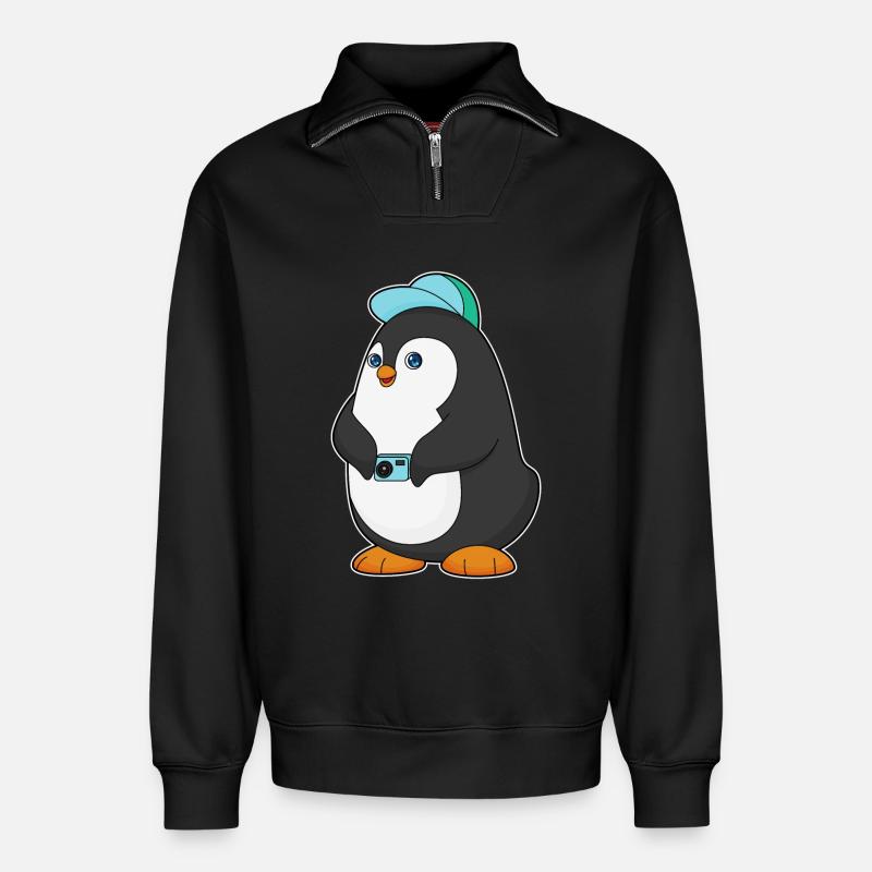 Pinguin Kamera - Relaxed Unisex Organic Half Zip Sweatshirt – von SPREAD - Schwarz