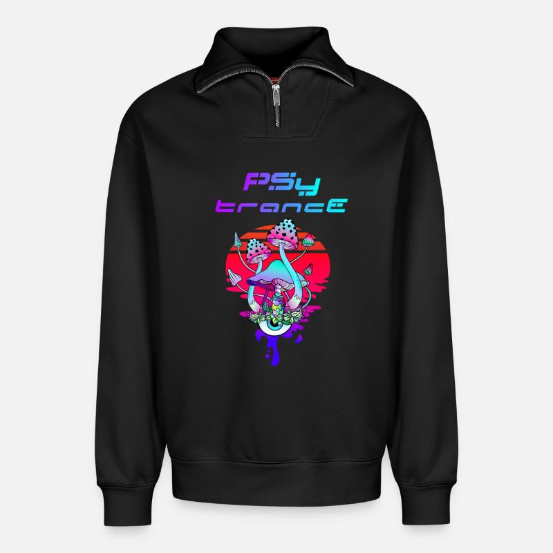 Psytrance Psychedelic Mushroom Sunset - Relaxed Unisex Organic Half Zip Sweatshirt – by SPREAD - black