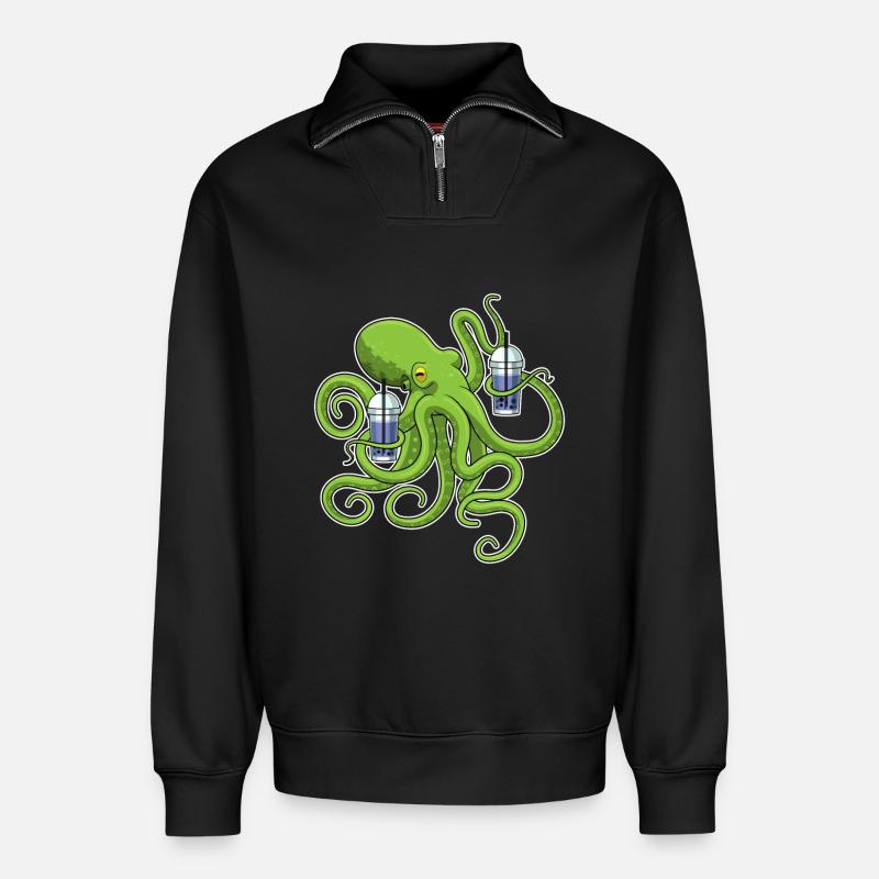 Krake Bubble tea - Relaxed Unisex Organic Half Zip Sweatshirt – von SPREAD - Schwarz