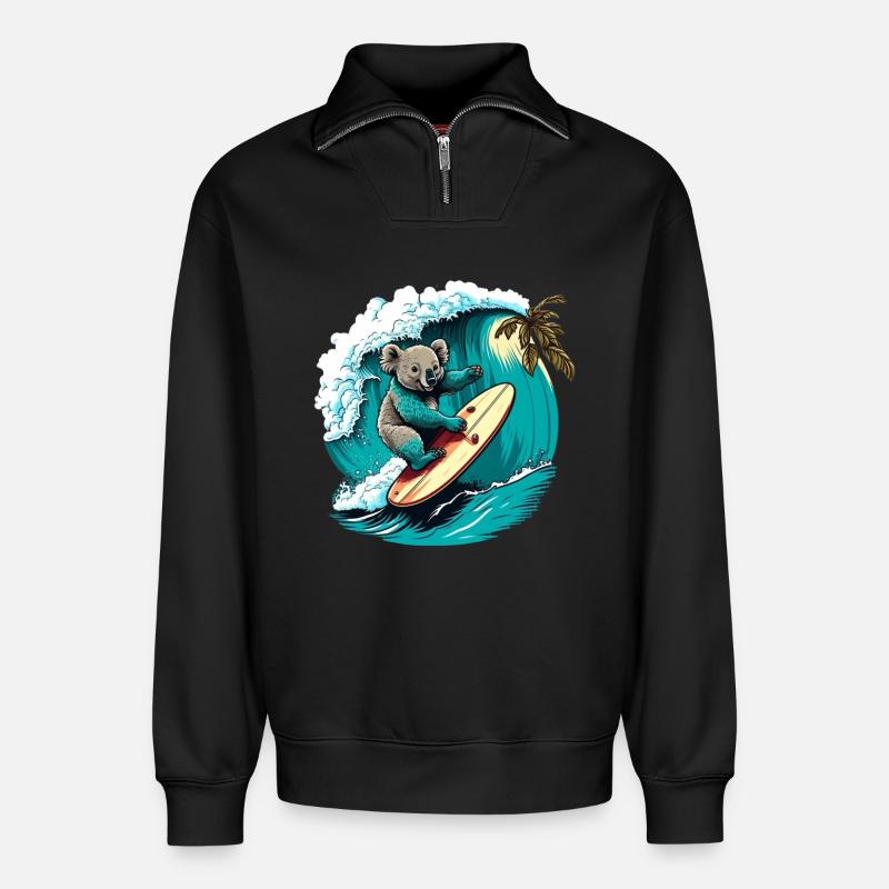 Koala hat Spass beim Surfen - Relaxed Unisex Organic Half Zip Sweatshirt – von SPREAD - Schwarz