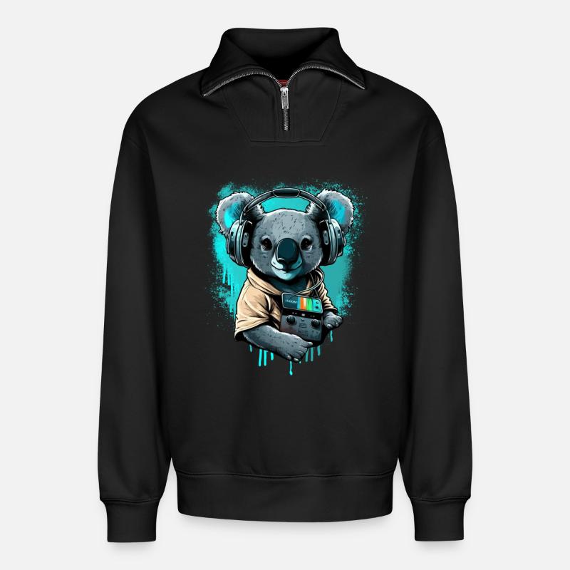 koala mit Kopfhörern und Walkman - Relaxed Unisex Organic Half Zip Sweatshirt – von SPREAD - Schwarz