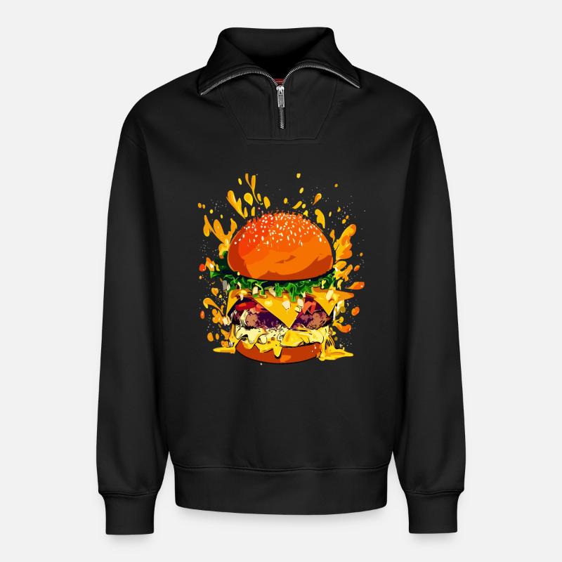 Extravaganter Cheeseburger mit Käse Splatter - Relaxed Unisex Organic Half Zip Sweatshirt – von SPREAD - Schwarz