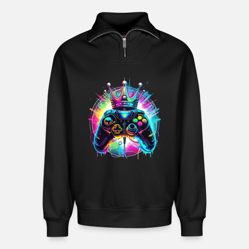 Gaming Controller mit Krone - Relaxed Unisex Organic Half Zip Sweatshirt – von SPREAD - Schwarz