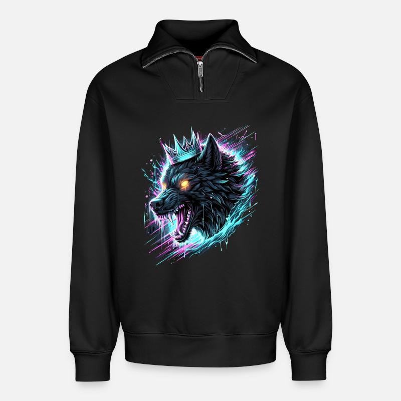 Königlicher Wolf Synthwave - Relaxed Unisex Organic Half Zip Sweatshirt – von SPREAD - Schwarz