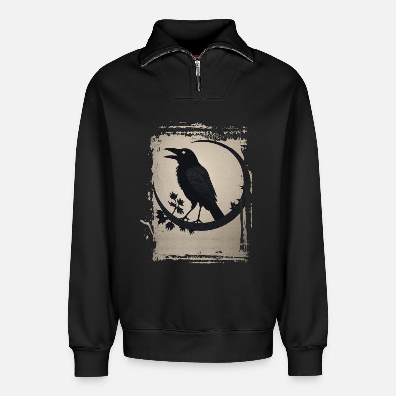 Raven sitting on branch - Relaxed Unisex Organic Half Zip Sweatshirt – by SPREAD - black