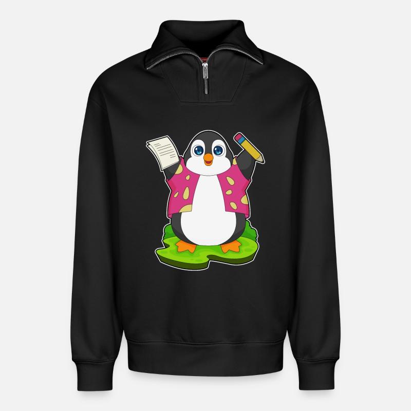 Pinguin Bleistift Papier Schule - Relaxed Unisex Organic Half Zip Sweatshirt – von SPREAD - Schwarz