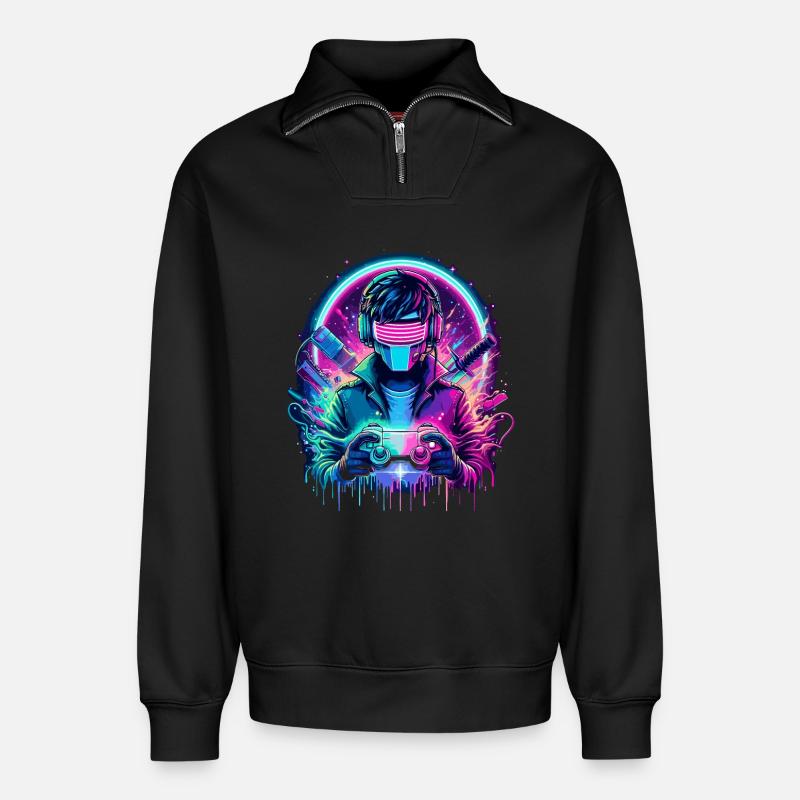 Neon Cyber Controller - Retro Gaming Power - Relaxed Unisex Organic Half Zip Sweatshirt – von SPREAD - Schwarz