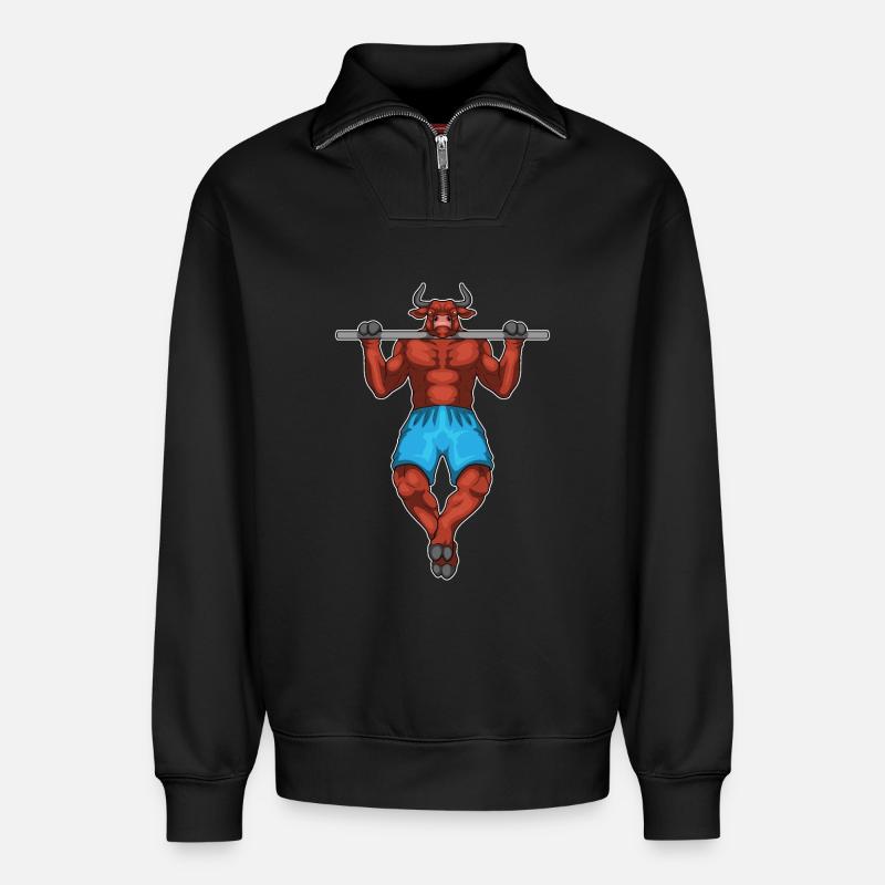 Taurus Bodybuilder Pull-Ups Bodybuilding - Relaxed Unisex Organic Half Zip Sweatshirt – by SPREAD - black