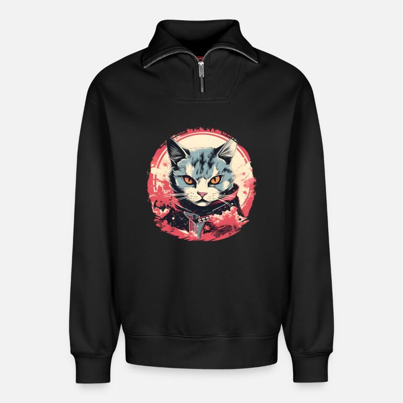 Cat Anime Style - Relaxed Unisex Organic Half Zip Sweatshirt – by SPREAD - black
