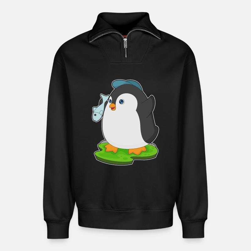 Pinguin Fisch - Relaxed Unisex Organic Half Zip Sweatshirt – von SPREAD - Schwarz