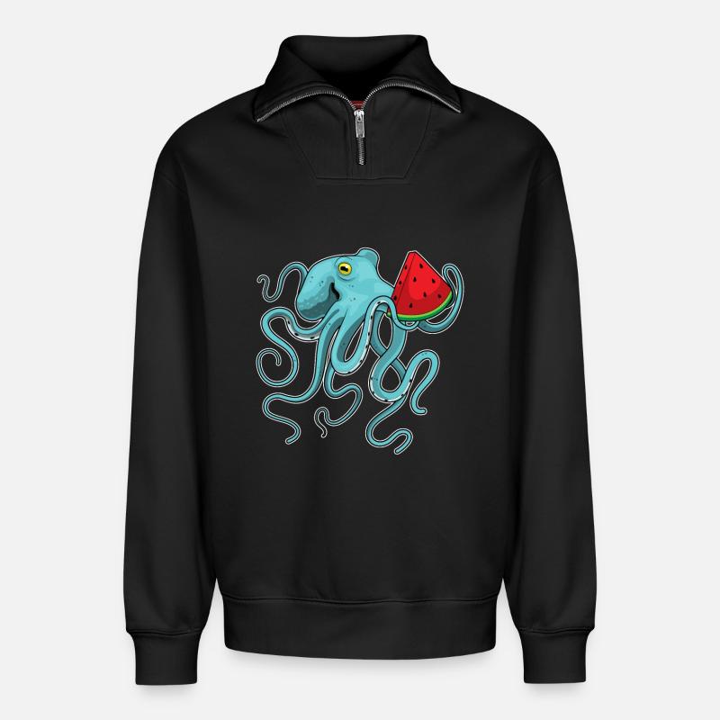Poulpe Pastèque - Sweat unisexe décontracté en coton biologique à demi-zip – de SPREAD - noir