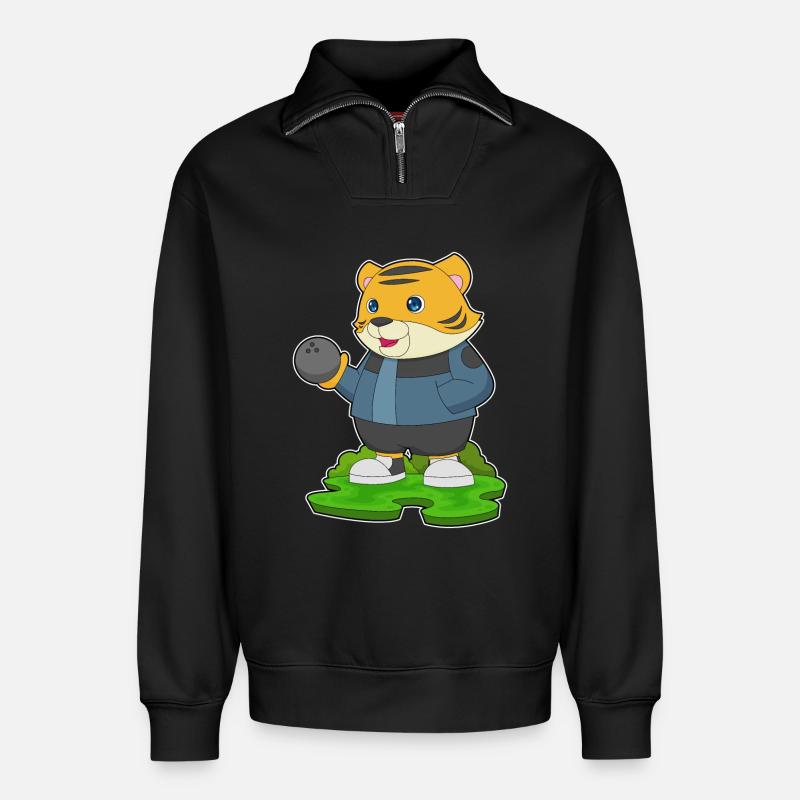 Tiger Bowling Bowling Ball - Relaxed Unisex Organic Half Zip Sweatshirt – by SPREAD - black