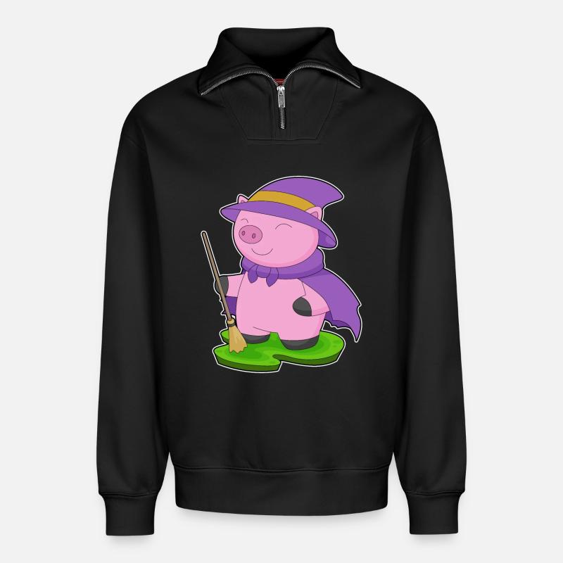 Pig Halloween Witch - Relaxed Unisex Organic Half Zip Sweatshirt – by SPREAD - black