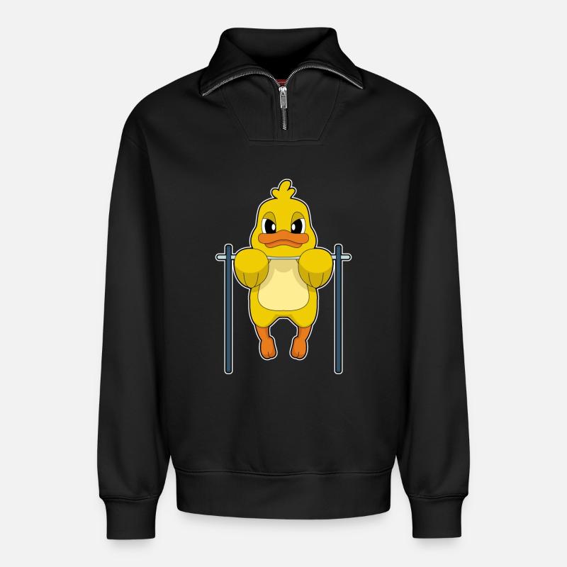 Duck Bodybuilder Pull-ups Bodybuilding - Relaxed Unisex Organic Half Zip Sweatshirt – by SPREAD - black