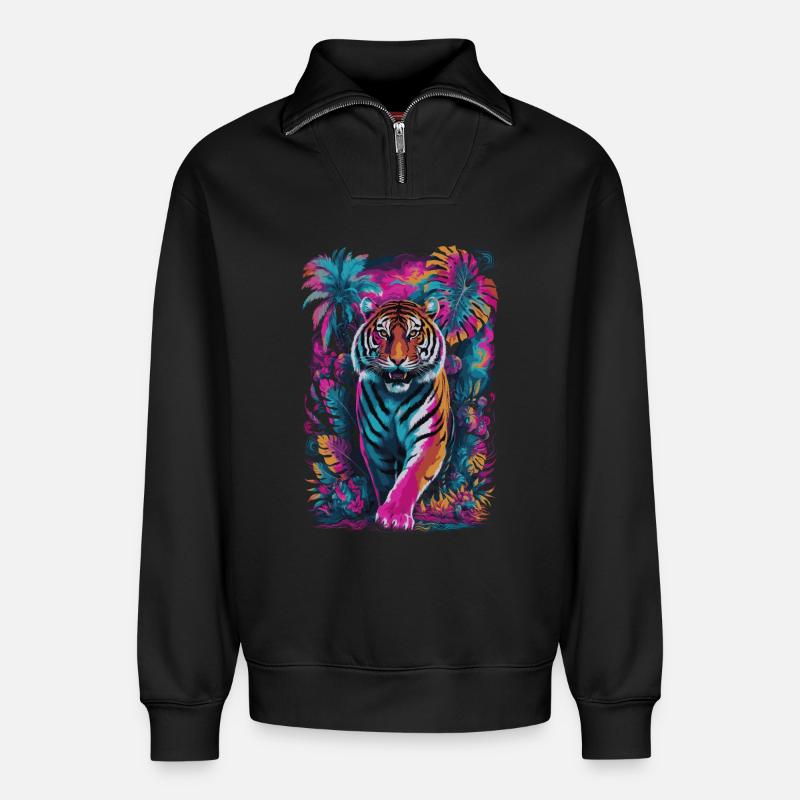 Psychedelischer Tiger im lebendigen Dschungel-Design - Relaxed Unisex Organic Half Zip Sweatshirt – von SPREAD - Schwarz