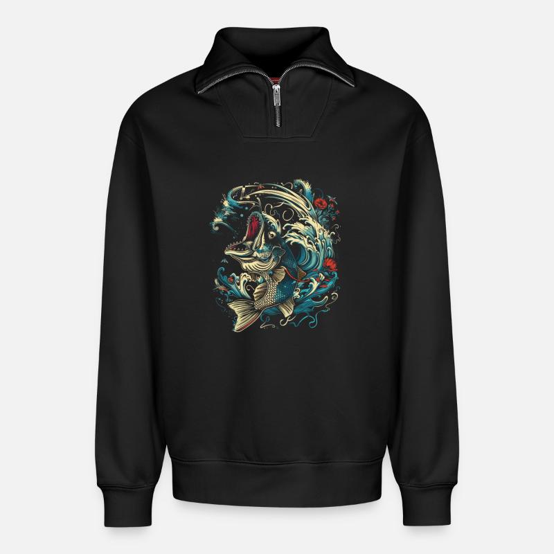 Fischen Cartoon Stil - Relaxed Unisex Organic Half Zip Sweatshirt – von SPREAD - Schwarz