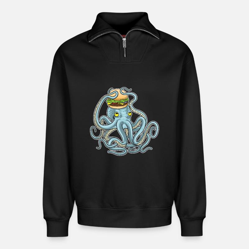 Krake Cheeseburger - Relaxed Unisex Organic Half Zip Sweatshirt – von SPREAD - Schwarz