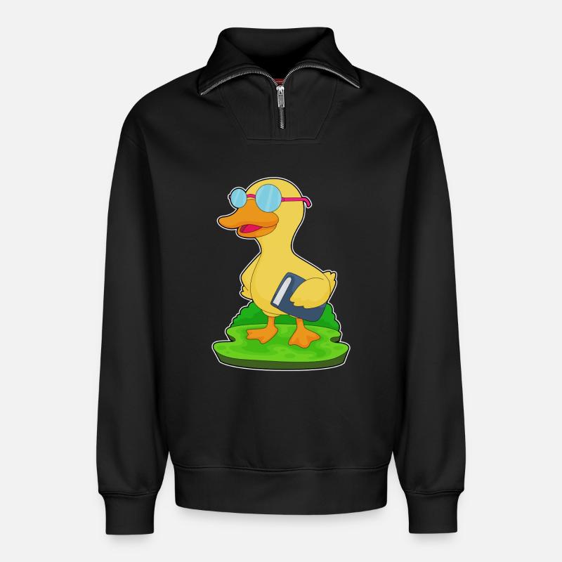 Ente Nerd Buch Brille - Relaxed Unisex Organic Half Zip Sweatshirt – von SPREAD - Schwarz