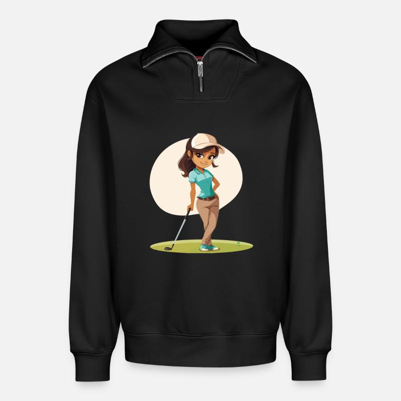 Weiblicher Golfer Comic - Relaxed Unisex Organic Half Zip Sweatshirt – von SPREAD - Schwarz