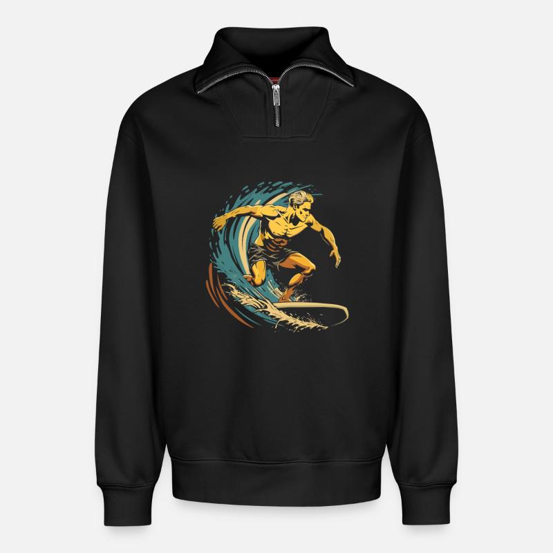 Graphisme Surfer - Sweat unisexe décontracté en coton biologique à demi-zip – de SPREAD - noir
