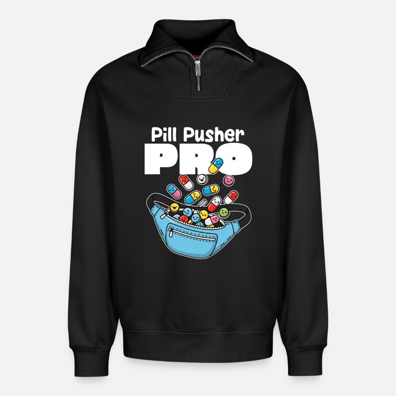 PILL PUSHER PRO - KRANKENSCHWESTER GESCHENK - Relaxed Unisex Organic Half Zip Sweatshirt – von SPREAD - Schwarz