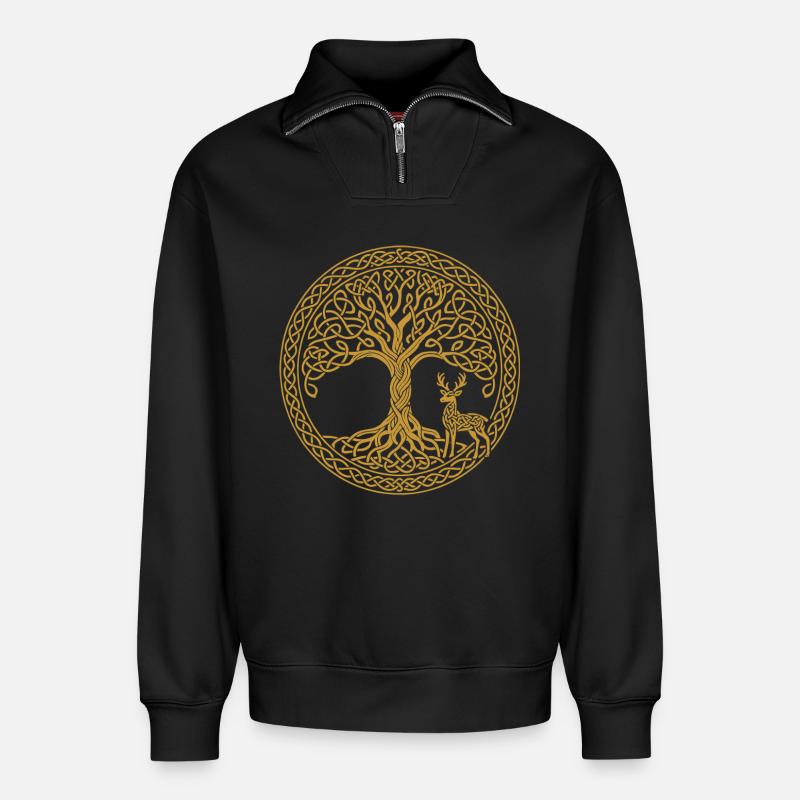 Baum Des Lebens Hirsch Symbol Achtsamkeit - Relaxed Unisex Organic Half Zip Sweatshirt – von SPREAD - Schwarz