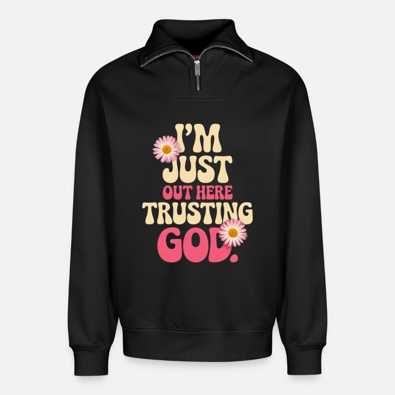 Ich vertraue Gott hier draußen - Relaxed Unisex Organic Half Zip Sweatshirt – von SPREAD - Schwarz