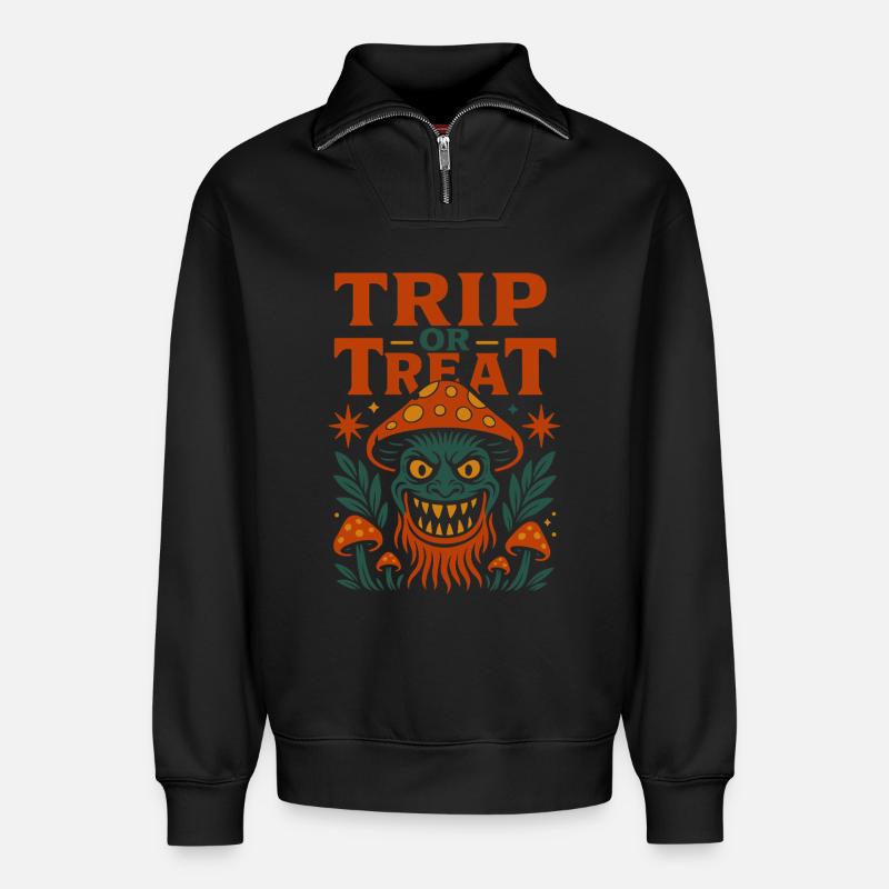 Trip oder Treat Psychedelisches Pilzmonster - Relaxed Unisex Organic Half Zip Sweatshirt – von SPREAD - Schwarz