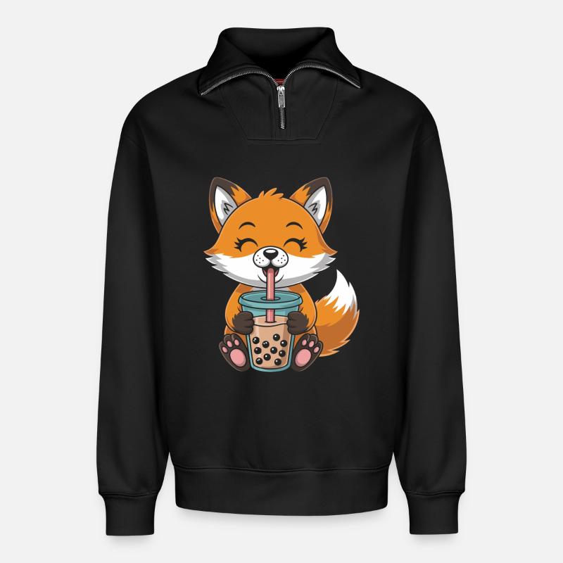 Kawaii Bubble Tee Fuchs Boba Tee - Relaxed Unisex Organic Half Zip Sweatshirt – von SPREAD - Schwarz